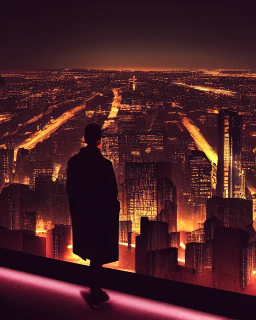Image similar to a 3D rendered night rooftop scene by Liam Wong, neon lights in the city below, close up shot of a photorealistic gangster wearing a trench coat looking at the city below, dark mood, octane render, unreal engine, raytracing