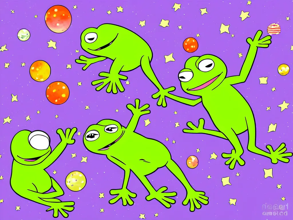 Image similar to happy pepe the frogs floating in space, cartoon illustration, detailed