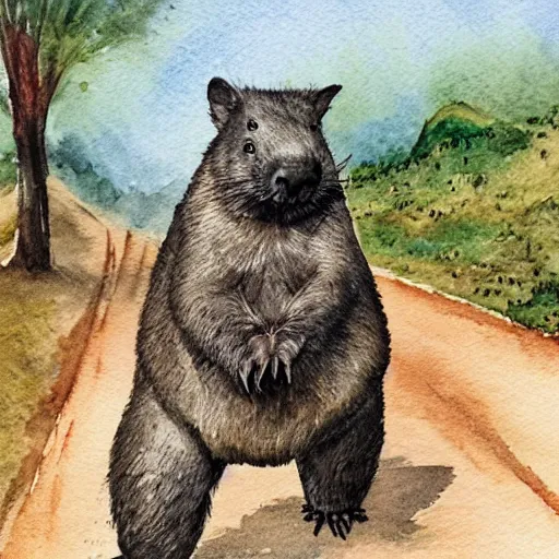 Prompt: a wombat riding a bicycle in the german mountains on a dirt path, watercolour