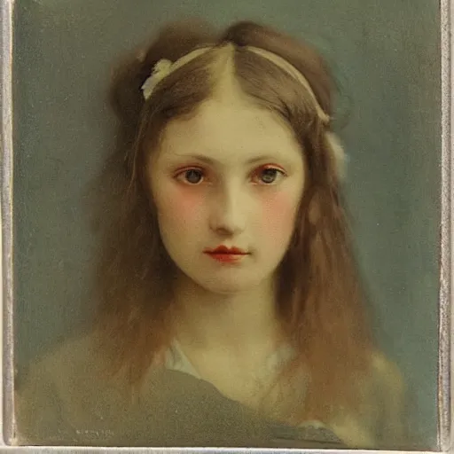 Prompt: portrait of a beautiful young lady with silver eyes, colored daguerreotype by balthus