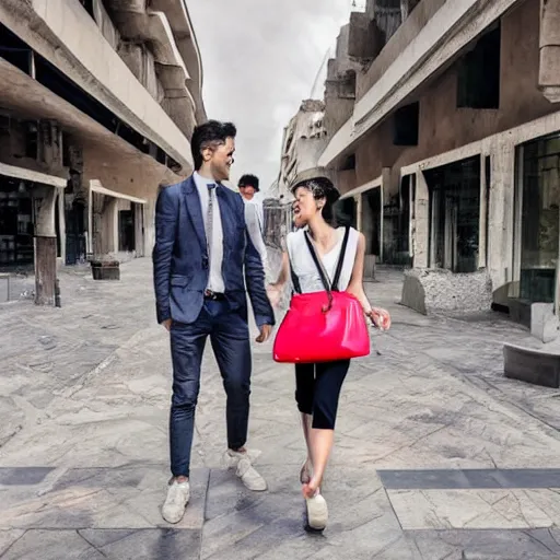 Prompt: modern city destroyed by war in ruins with rich luxury cryptocurrency couple walking around with shopping bags laughing, color photograph very high detail, ethereum bitcoin