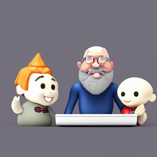 Image similar to cute clay cartoon, 3d model, trending, art render, happy smiling grey beard wizard that is zapping a laptop with electricity from his hands