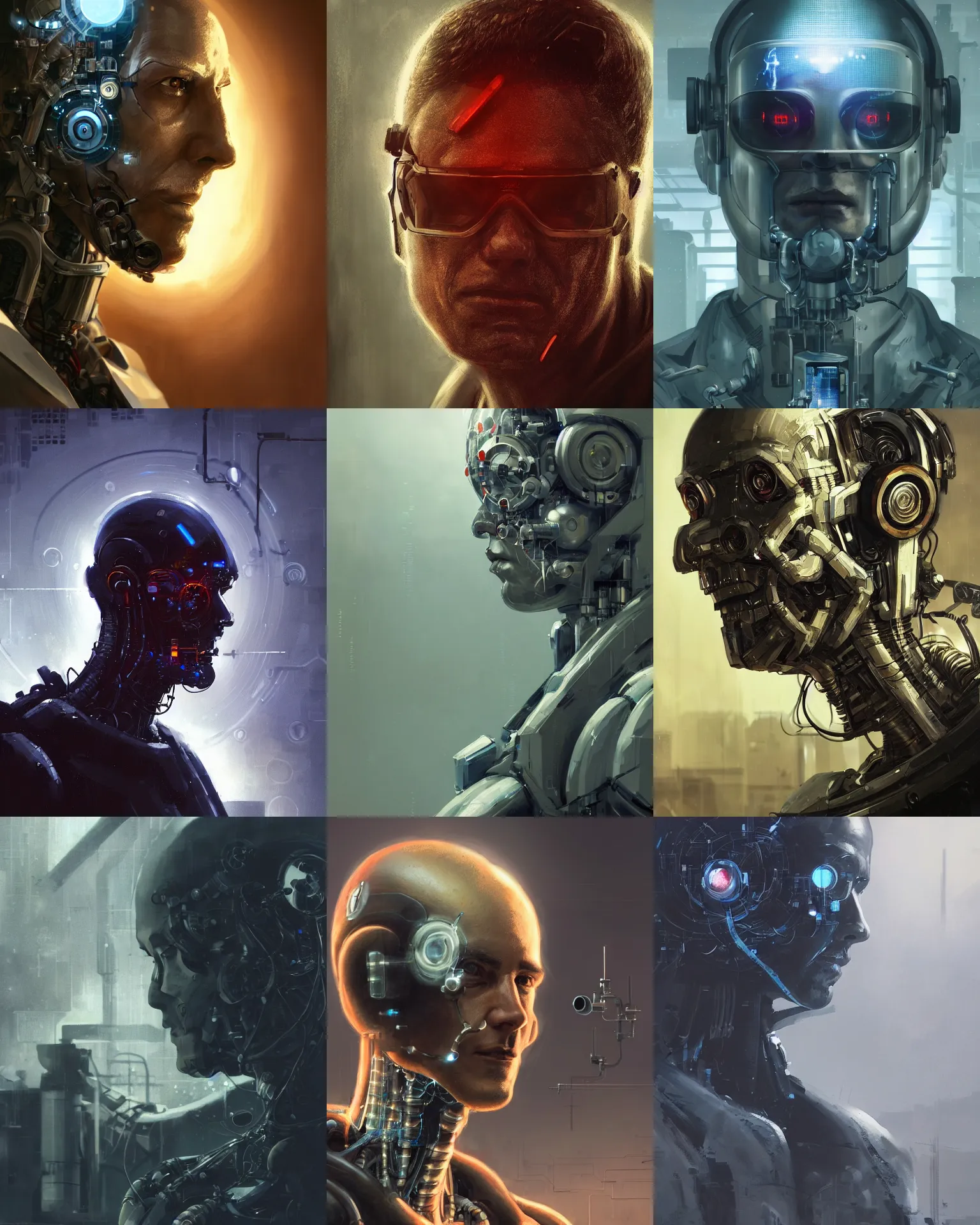 Image similar to a laboratory operator man with cybernetic enhancements seen from a distance, 1 / 2 headshot, scifi character portrait by greg rutkowski, craig mullins, daytoner, cinematic lighting, dystopian scifi gear, profile picture, mechanical, cyborg, half robot