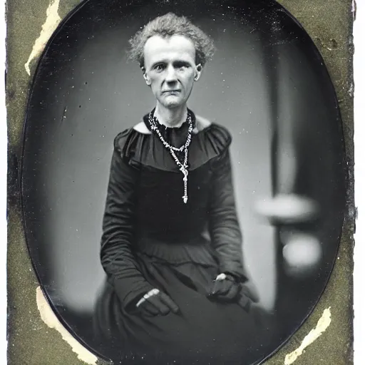 Prompt: Wet plate photography of Marie Curie wearing eerily glowing uranium jewelry