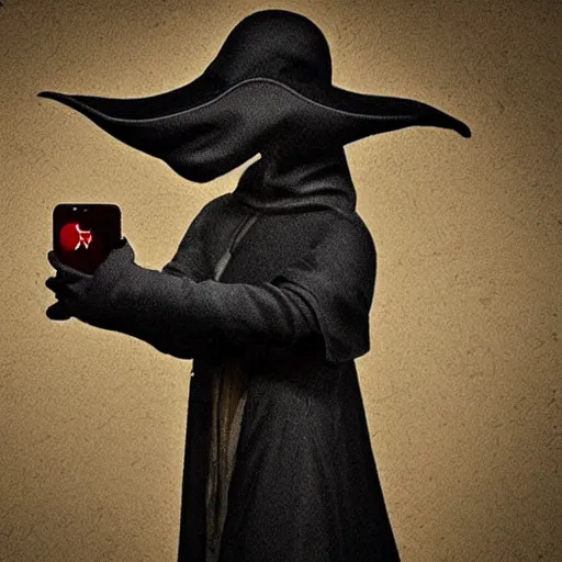 Image similar to plague doctor!!!! with a iphone in hand, 4 k, 8 k, photorealistic imagery