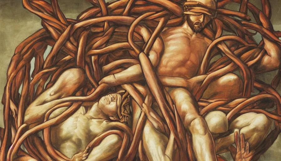 Image similar to mural of blindfolded!!!! jesus christ surrounding by entwined bodies, holding a cornucopia, rivers of blood, by mu pan