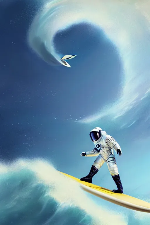 Image similar to a beautiful digital painting of an astronaut in a white space suit surfing the great wave on a surfboard by greg rutkowski, photorealistic, trending on artstation, octane render