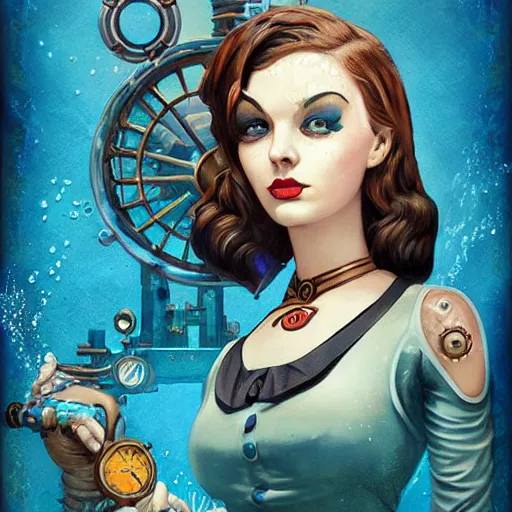 Image similar to lofi underwater bioshock steampunk portrait, Pixar style, by Tristan Eaton Stanley Artgerm and Tom Bagshaw.