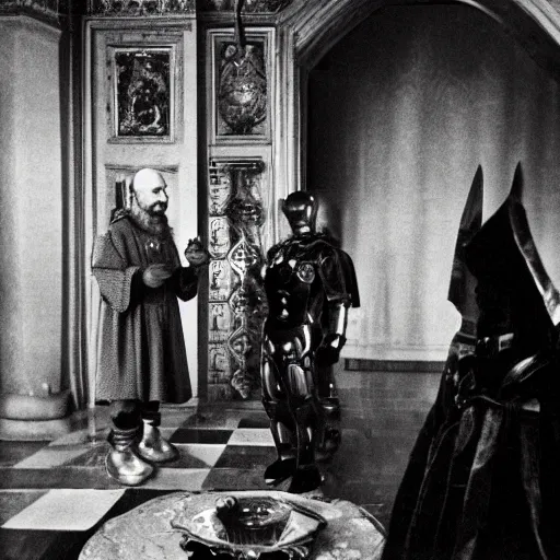 Prompt: ivan the terrible in his palace in moscow talks with iron man, kodak, old photo, black and white, film, wide lens, 1 6 mm,