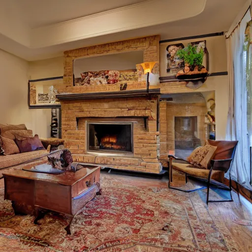 Image similar to a real estate home interior photo. the fireplace is a portal to hell and demons are lounging on the furniture