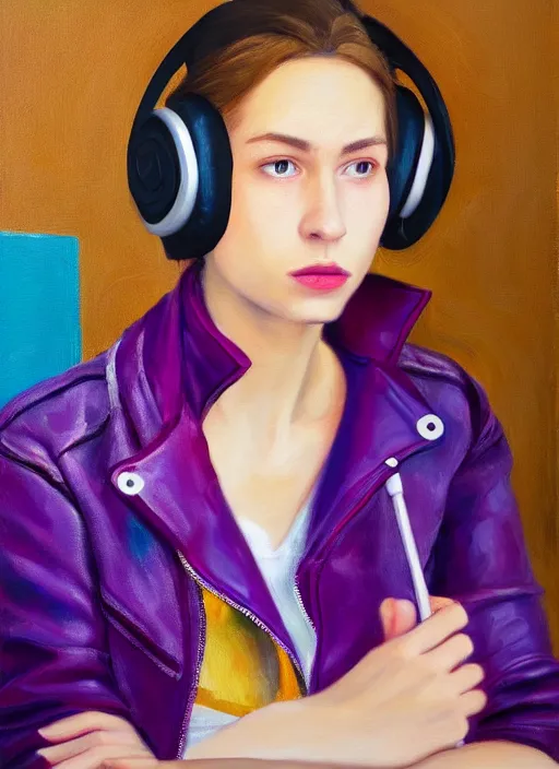 Image similar to young adult woman in a coffee shop wearing bright purple headphones and a leather jacket looking unamused, natural light, oil painting