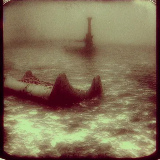 Image similar to towering rusty shipwreck, underwater, murky, megalophobia, old polaroid, expired film,