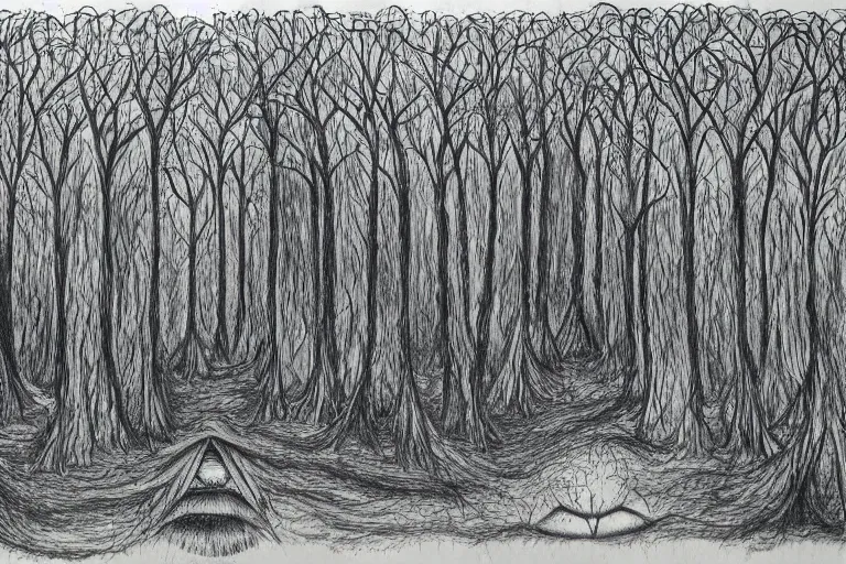 Prompt: forest of the soul, eyes of strange creatures hiding in the dark waiting to devour, snakes to strangle, cobwebs and old trees, a glimpse of hope, ink and ballpoint