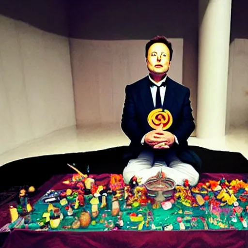 Prompt: an absurdist buddhist altar to elon musk