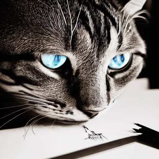 Image similar to Photography of Cat drawing himself, photorealism,