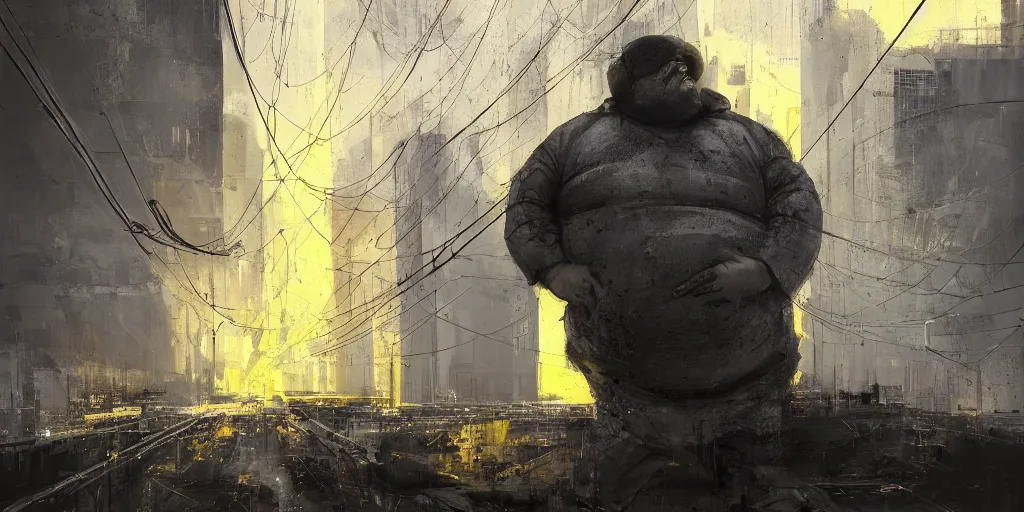 Image similar to portrait of a fat man sci fi soldier ranger, brutalist city architecture, dark epic, white and gold and yellow, emissive lights and cables and wires, high details, ceremonial clouds, dripping paint, fibonacci rhythm, artstation, art germ, wlop, pablo dominguez, sabbas apterus, award - winning, artstation