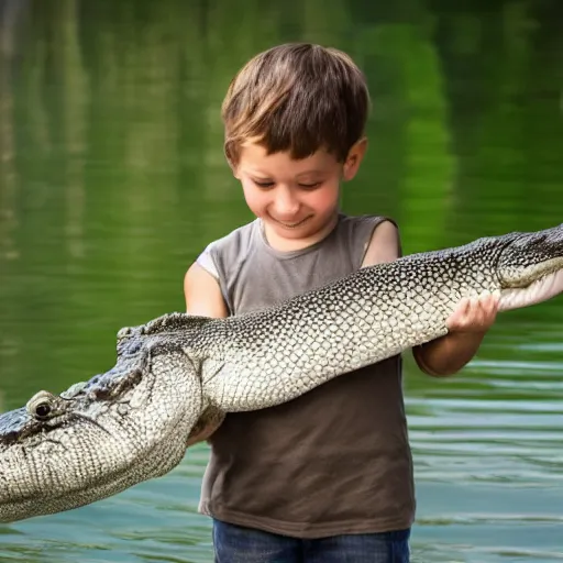 Image similar to A child happily hugging an alligator gar ,photography
