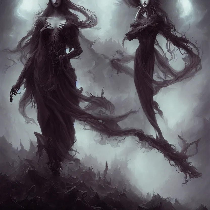 Image similar to stunning Gothic goddess of beauty, mystical, dark and mysterious, atmospheric, ominous, eerie, cinematic, realistic, by Peter Mohrbacher, featured on deviantart, fantasy art