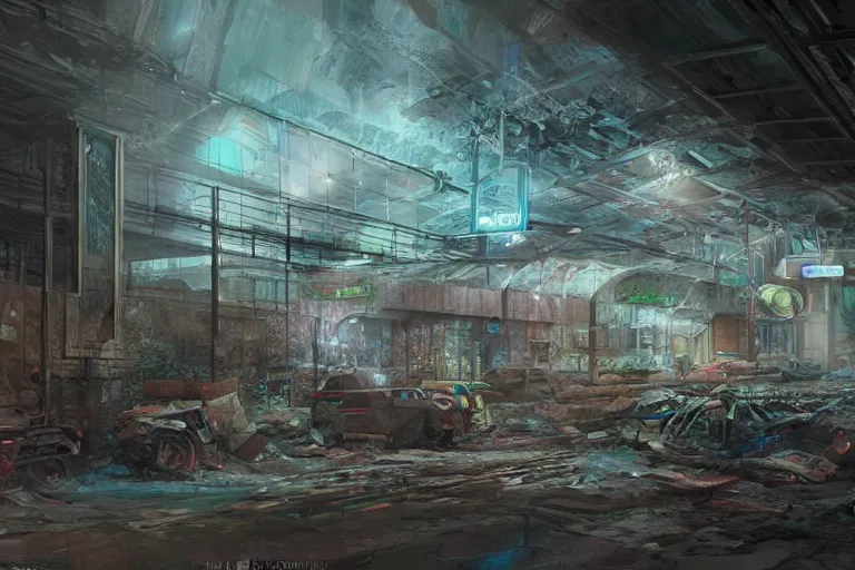 Prompt: apocalypstic abandoned subway station, concept art, trending on artstation, wlop, ross draws, digital painting, mixed media, intricate details, volumetric lighting,