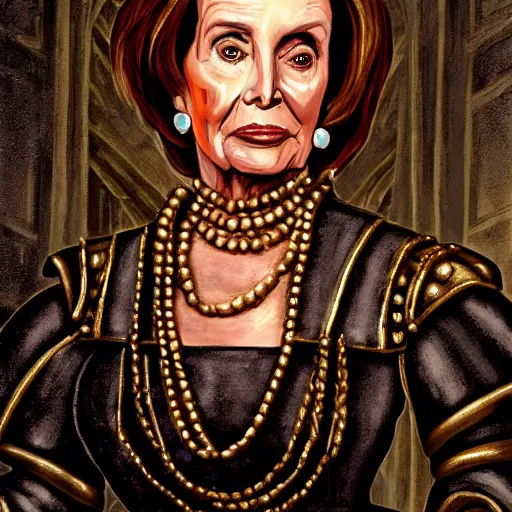 Image similar to painting of nancy pelosi standing in front of 1 6 th century backdrop. she looks like vigo the carpathian wearing armor. patina on armor. she ominously stares forward. she looks like a brutal warlord. hand on hip, arm resting on large stone. sepia toned. dramatic lighting. painting by lou police for ghostbusters 2.