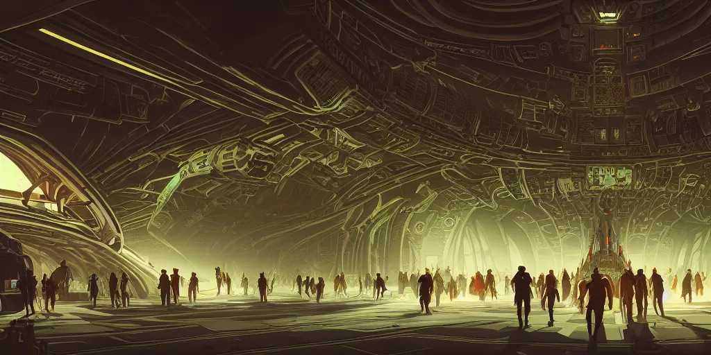 Image similar to cel shaded cinematic shot of the interior of a sci-fi space station with ornate Elven architecture bustling with people, epic castle, emerald, crystalline, detailed illustration, sharp focus, concept art