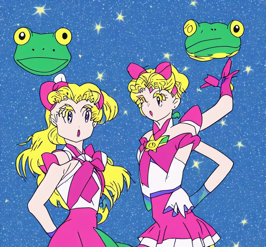 Prompt: frog in a sailor moon uniform, anime, cell - shaded, retro, cutesty lightening