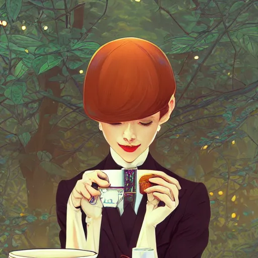 Image similar to a weasel in a suit was drinking tea, surrounded by tea houses ambient lighting, 4 k, lois van baarle, ilya kuvshinov, rossdraws, alphonse mucha, jung gi kim, artstation