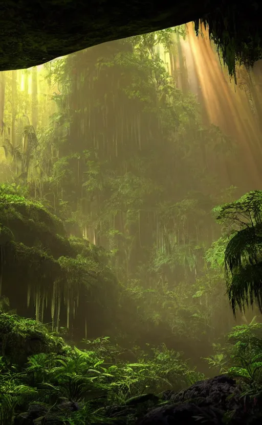 Image similar to a beautiful render of a dark prehistoric rainforest in a humongous cave, lush flora, patches of yellowish - red - magenta sky, sunset lighting, fireflies, floating mountains and a waterfall in the background, intricate detail, hazy, humid, volumetric lighting, god rays, 8 k, photorealistic, raytracing effects, unreal engine 5