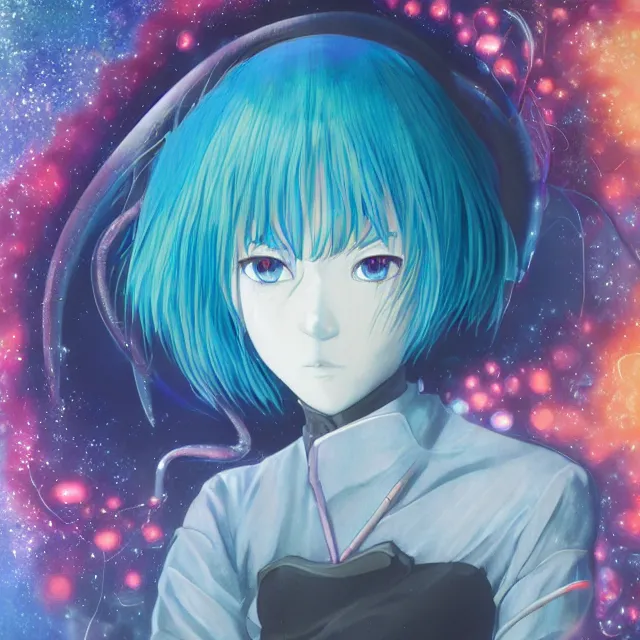 Image similar to rei ayanami, deep space, seascape, grimes, lain iwakura, silver hair, johfra bosschart, usagi, cut anime maid, cosmos, psychedelic flowers, black opal, rainbow aura quartz, organic, oni compound artwork, of character, render, artstation, portrait, wizard, beeple, art, fantasy, epcot, psychedelic glitchcore