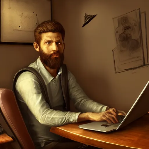 Image similar to realistic man using laptop in gaming room, artstation trends, concept art, highly detailed, intricate, sharp focus, digital art, 8 k