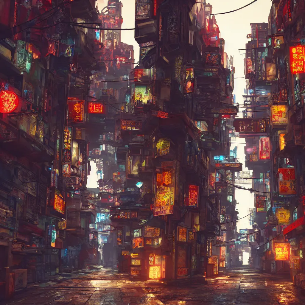 Image similar to cyberpunk narrow street in chinatown. High details. Ultra realistic. Artstation trending. Unreal engine