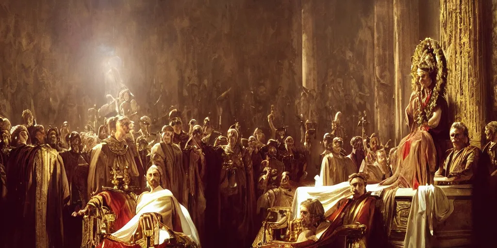 Image similar to beautiful oil matte portrait painting, steve buscemi in royal crimson robes enthroned as the god emperor of ancient rome surrounded by servants in gilded halls a golden wreath upon his head, by anders zorn, wonderful masterpiece by greg rutkowski, beautiful cinematic light, american romanticism, by thomas lawrence, greg rutkowski