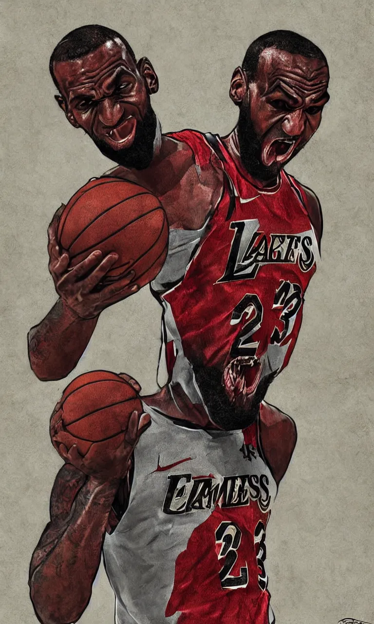 Image similar to a detailed digital art portait of angry undead lebron james, art by norman rockwell, pixar style