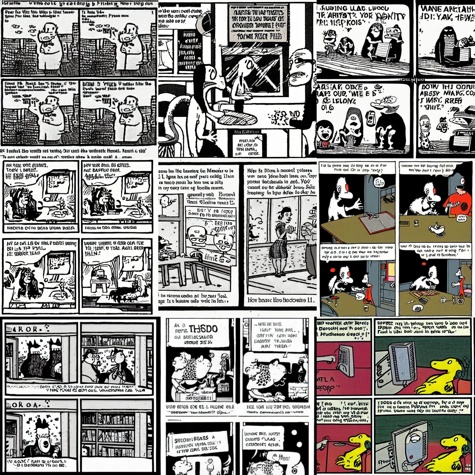Prompt: humorous b + w comic strip, artwork and writing by gary larson