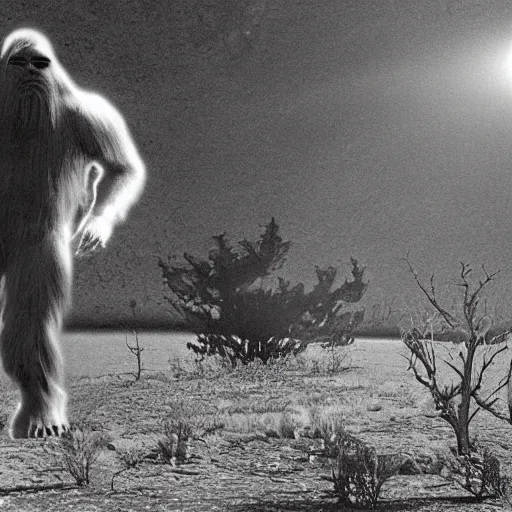 Image similar to a 1960s photograph of a UFO abducting Bigfoot, 4k, hyperrealstic picture