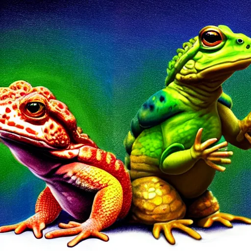 Prompt: three animals,trio, toad with wings front view and rainbow reptile front view and golden lizard front view, trio, artstation, concept art, master illustration, details, good clear quality, fun - w 704