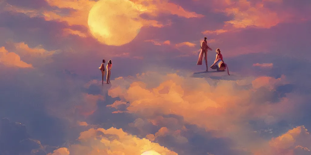 Image similar to a couple floating alone on a cloud having a drink of Champaign high in the sky above Sint-Marteen, artstation, matte painting, goldenhour,