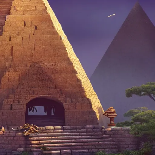 Prompt: magical ancient pyramid, gold, treasure, lara croft charater, realistic illustration, pyramid surrounded with greenery, illustrations, 3 d render, illustrated, incredible details, highly detailed, photorealistic, disney pixar, octane render, iridescent, anime, 8 k