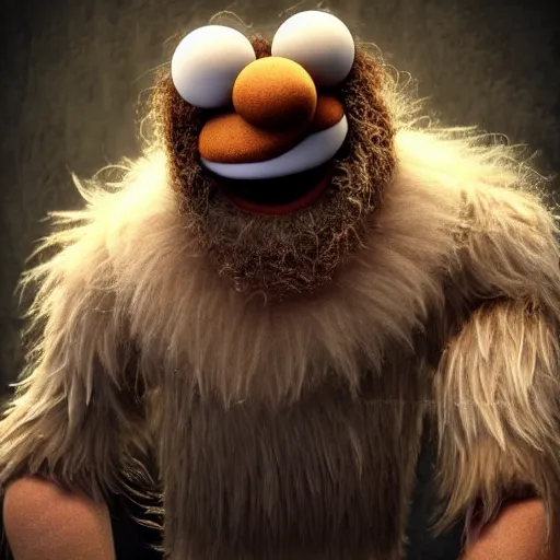 Image similar to a still of a forgotten muppet character looking very manly and modern, hilarious, laughing, hairy chest, huge chin, manly monster tough guy, roughled fur, photo real, photographic, photograph, artstation, trending, featured