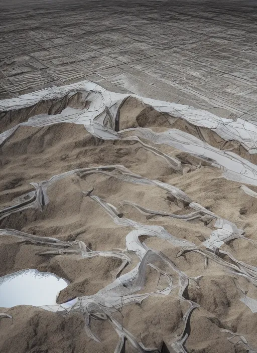 Prompt: bioremediation invisible white architecture, in the mining tailings of chuquicamata, epic, cinematic, hyperealistic, high detailed, corona render, hdr, ray tracing