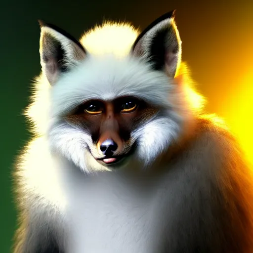 Image similar to fox as a monkey, fluffy white fur, black ears, stunning green eyes, extremely long white tail with black tip, award winning creature portrait photography, extremely detailed, artstation, 8 k, sensual lighting, incredible art, wlop, artgerm