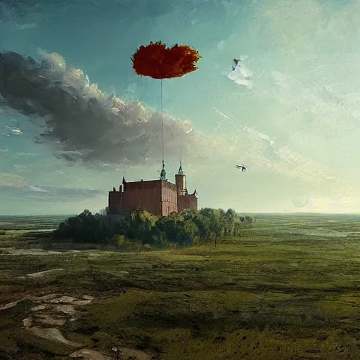 Image similar to greg rutkowski painting of an island flying in the air above a barren wasteland, on the island there is a cracow wawel castle and a lot of green vegetation, beautiful, detailed