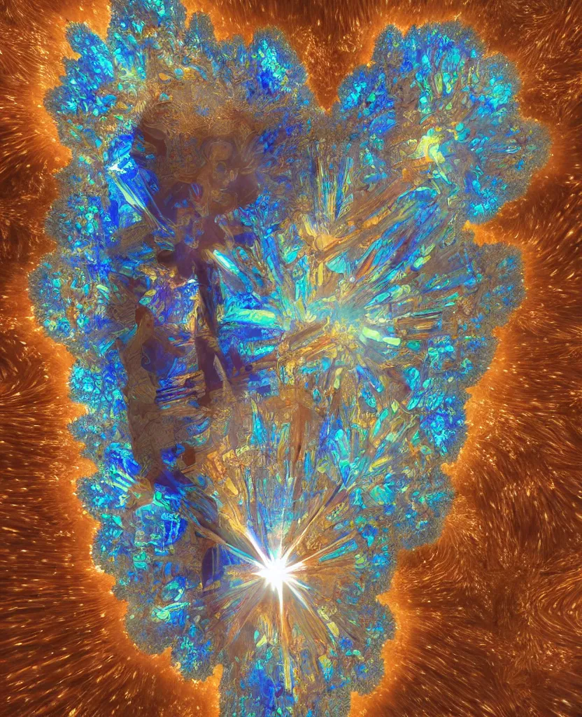 Image similar to a crystalline 3 d mandelbulb fractal in the shape of jesus christ on the cross, bioluminescent opal, fractal, magnificent lighting, ethereal, ray tracing, octane, holographic