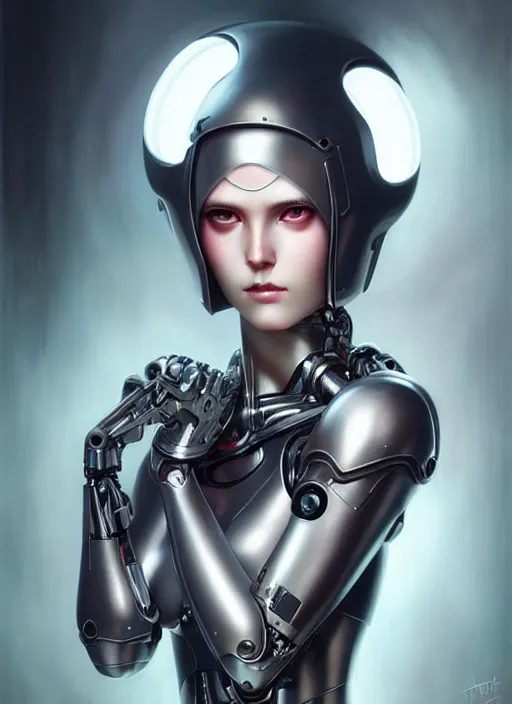 Prompt: a hauntingly beautiful cybernetic woman, painted by artgerm and tom bagshaw, fantasy art, dramatic lighting, highly detailed oil painting