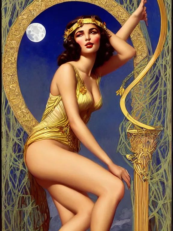 Image similar to Emily Ratajkowski as the magic Greek goddess Circe, a beautiful art nouveau portrait by Gil elvgren, moonlit Mediterranean environment, centered composition, defined features, golden ratio, intricate gold jewlery