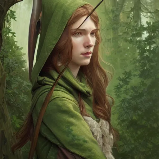 Prompt: beautiful natural cottagecore archer elf hooded longbow verdant lush hidden camouflage, intricate, elegant, highly detailed, digital painting, artstation, concept art, smooth, sharp focus, illustration, art by artgerm and greg rutkowski and alphonse mucha and loish and wlop