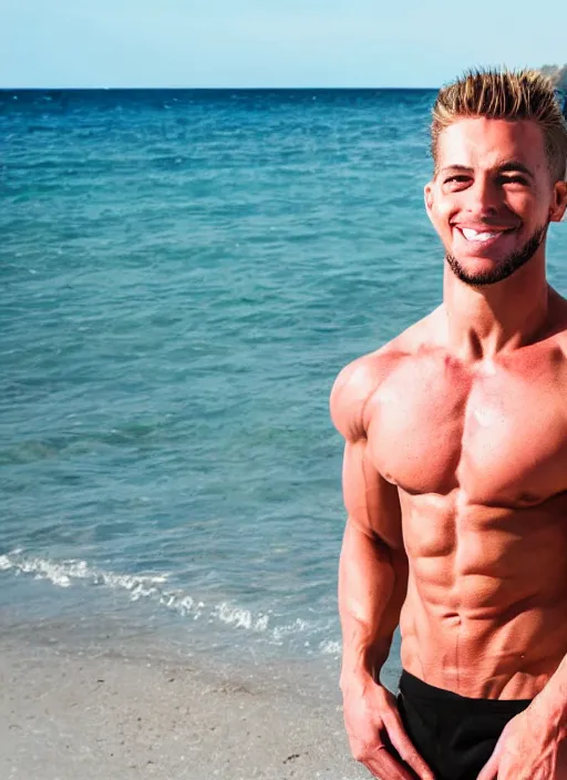 Prompt: professional photo of person looking like bart simpson, he's muscular and confident, on the beach at noonday, blur background, high details, original simpsons cartoon style