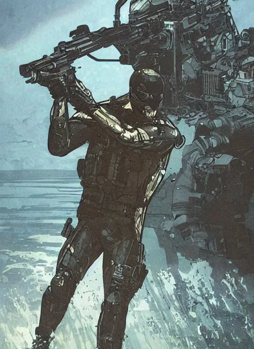 Image similar to bruce wayne. USN blackops operator emerging from water at the shoreline. Operator wearing Futuristic cyberpunk tactical wetsuit and looking at an abandoned shipyard. Frogtrooper. rb6s, MGS, and splinter cell Concept art by James Gurney, Alphonso Mucha. Vivid color scheme.