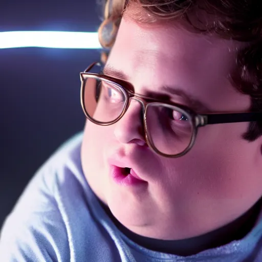 Image similar to 4 k editorial photograph of down syndrome midget jonah hill, sharp focus, soft lighting, edge lighting, studio portrait, 1 3 mm film color grading