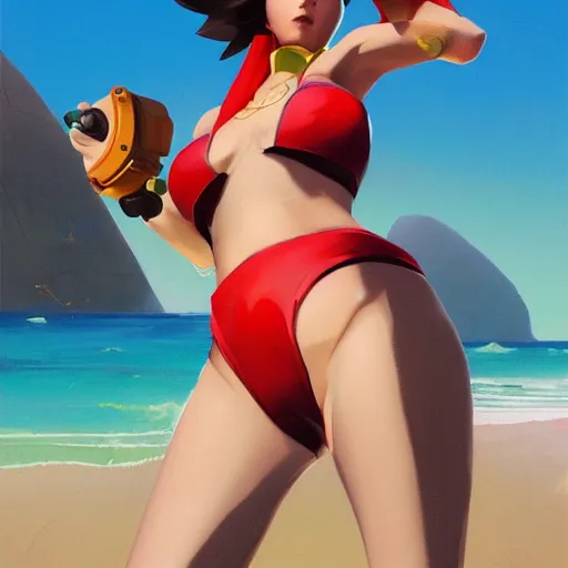 Image similar to overwatch tracer in a red bikini on the rio de janeiro's beach, artwork by sergey kolesov, medium shot, asymmetrical, organic painting, sunny day, matte painting, bold shapes, hard edges, street art, trending on artstation, by huang guangjian and gil elvgren and sachin teng
